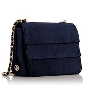 Tory Burch convertible fringe navy suede purse